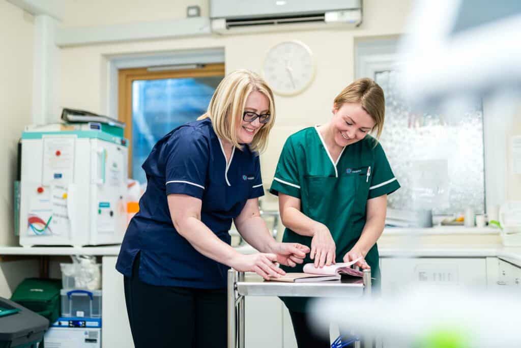 Katie Roberts, Ward Manager, and Carla McCann, Medicines Management Technician, in our Dispensary