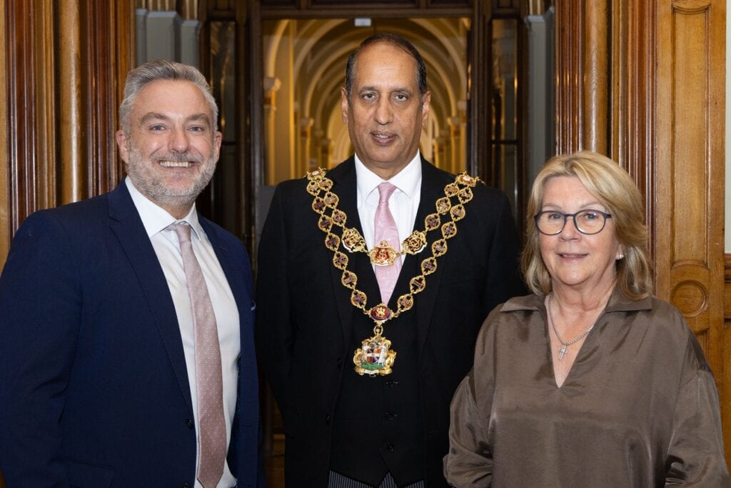 Paul Bytheway, Chief Executive, Birmingham Hospice; Zafar Iqbal MBE, Lord Mayor of Birmingham; Dawn Ward CBE DL, Chair of the Board of Trustees, Birmingham Hospice